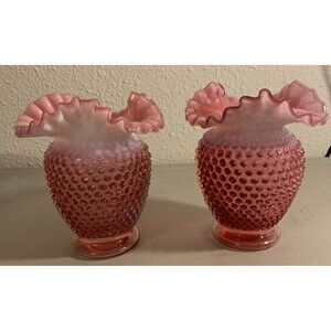 Vintage Fenton Cranberry Hobnail Ruffled Vase Crimped Edge Opalescent MCM 6”